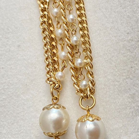 Sarah Coventry Opera Station Necklace layered Gold Tone Chains Faux Pearl Accent - Picture 4 of 11